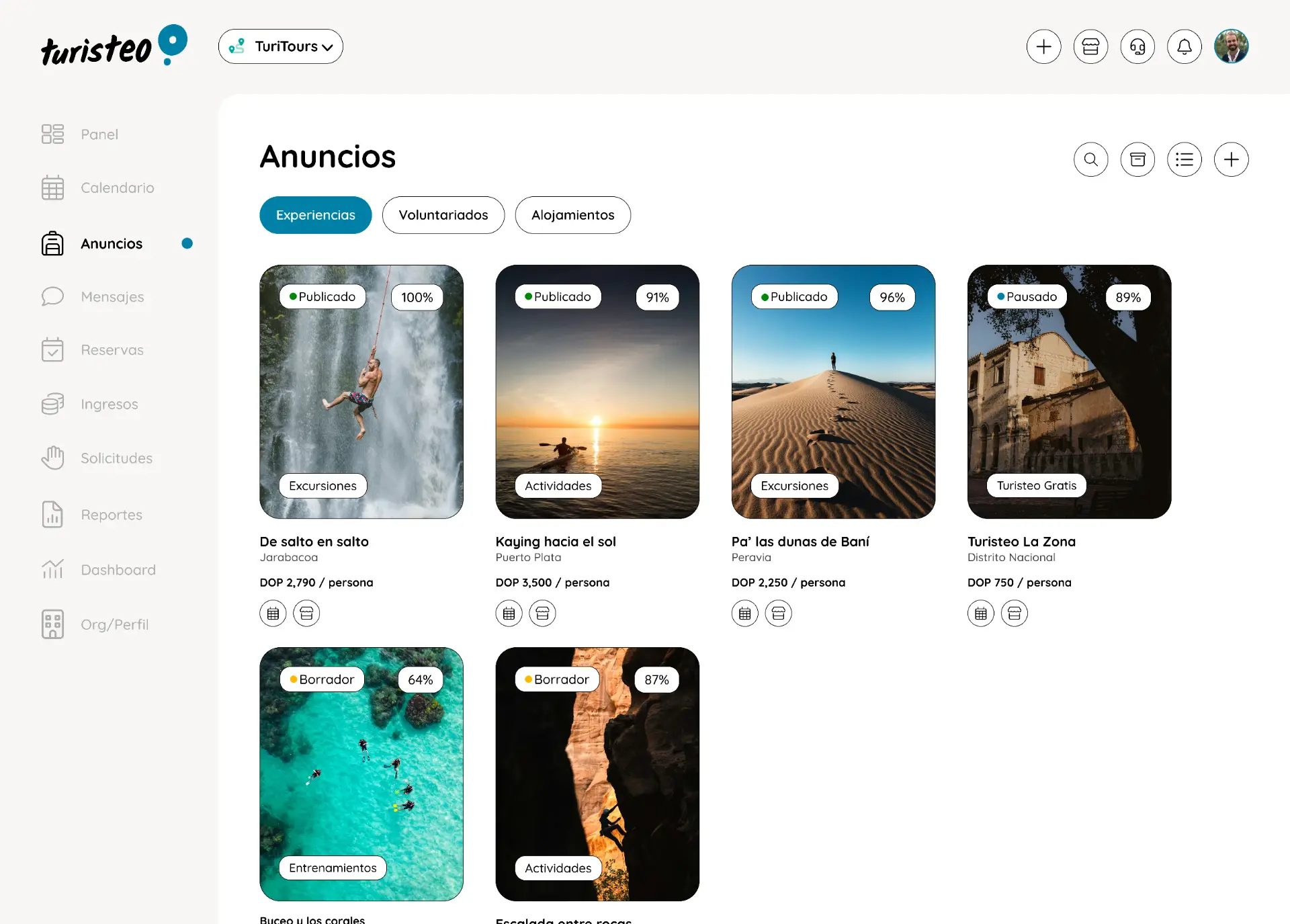 Publica y edita tu catálogo de experiencias