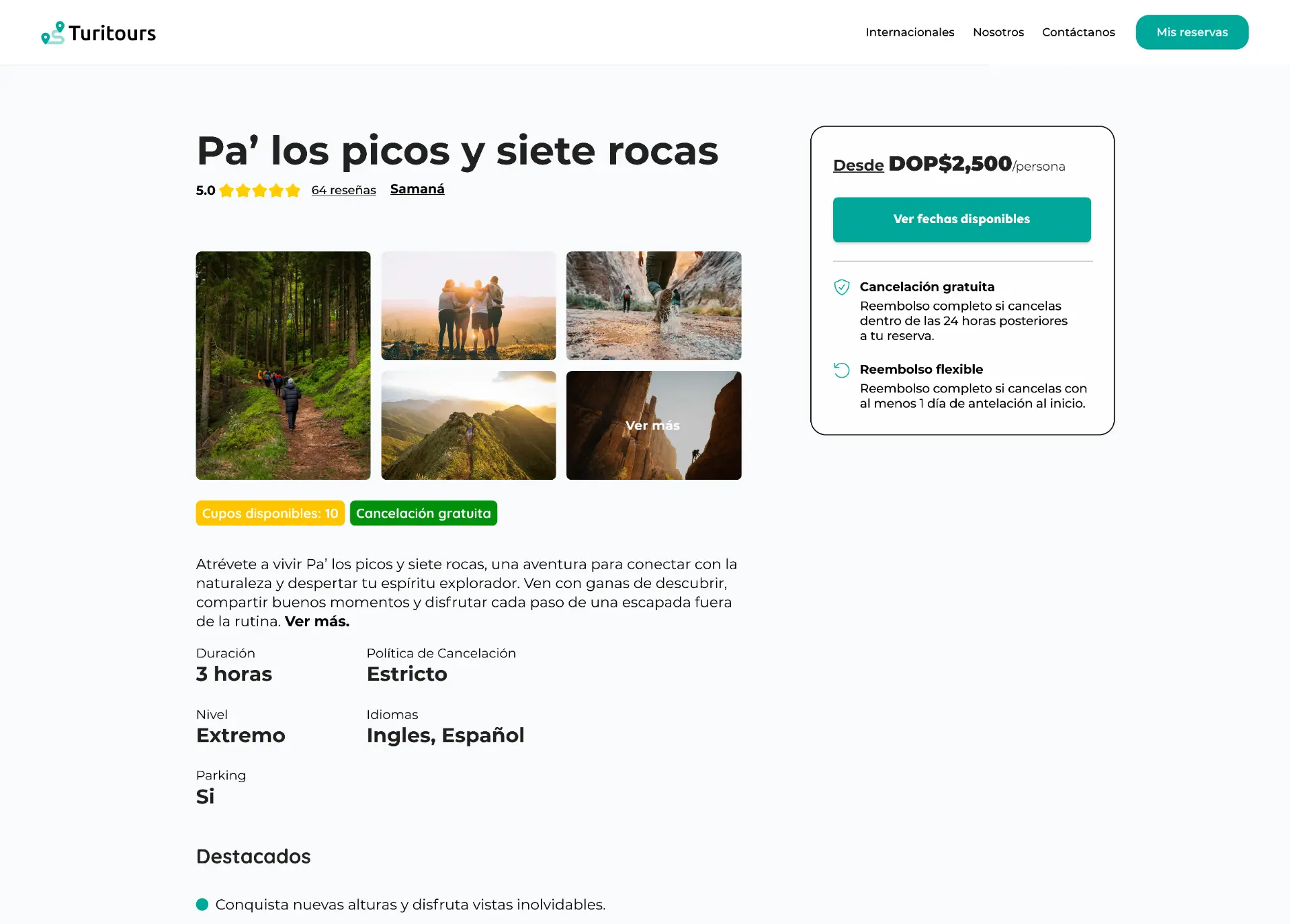 Muestra cada tour con fotos, itinerario y precios